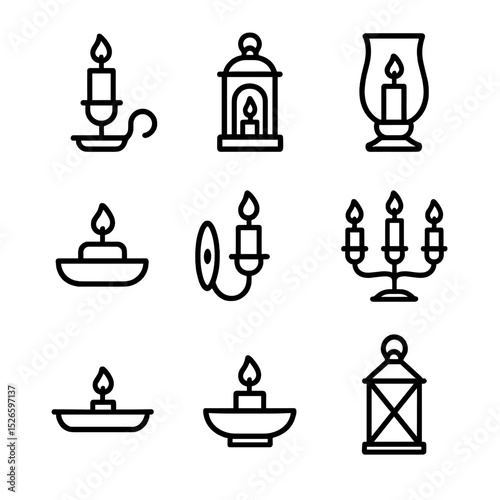 Candle Holder Icons. Outline icon set of candle holders: candlestick holder, lantern, hurricane glass, tealight holder, wall