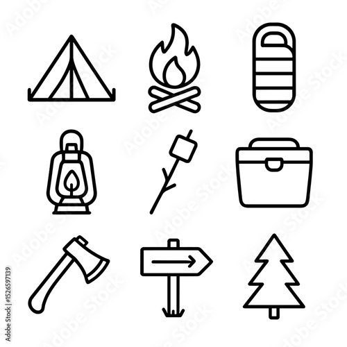 Camping Icon Set. Outline icon set of forest camping trip: tent, campfire, sleeping bag, lantern, marshmallow on stick, cooler,