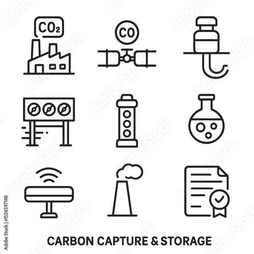 Carbon Capture Icons. Outline icon set of carbon capture and storage: CCS plant, CO₂ pipeline, storage well, direct air capture
