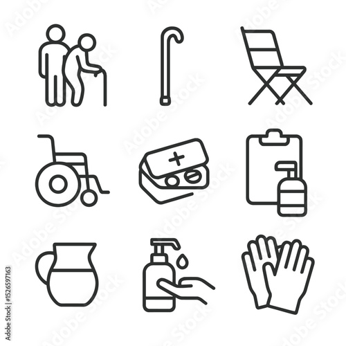 Caregiver Icon Set. Outline icon set of caregiver assistance: caregiver silhouette, walking cane, folding chair, wheelchair,