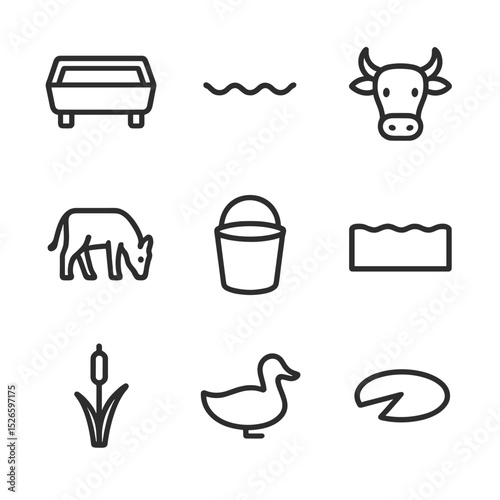 Cattle Watering Icon Grid. Outline icon set of cattle watering hole: trough, water wave, cow nose, drinking posture, bucket, pond