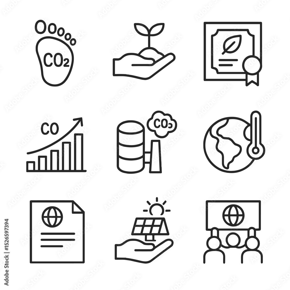 Fototapeta premium Climate Mitigation Icons. Outline icon set of climate change mitigation: carbon footprint, tree planting, carbon offset