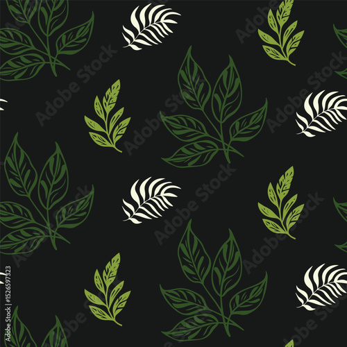 Green, white, and black seamless pattern. A hand-drawn design with various sketchy olive and palm-style leaves, offering a bold and artistic tropical feel.