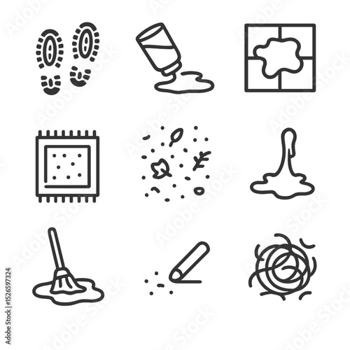 Icons of Cleanliness Challenges. Outline icon set of dirty floor types: muddy footprints, spilled drink, greasy tile, dusty carpet
