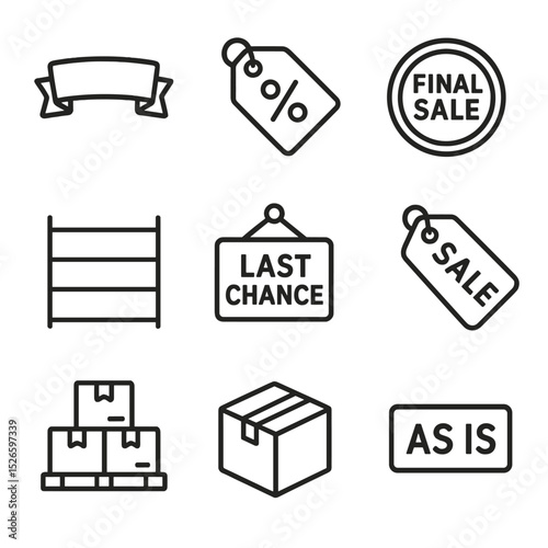 Clearance Sale Icons. Outline icon set of clearance sales: “Clearance” banner, markdown tag, final sale sticker, empty shelf, last