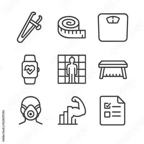 Client Assessment Icons Set. Outline icon set of client assessment tools: body fat caliper, tape measure, scale, heart rate