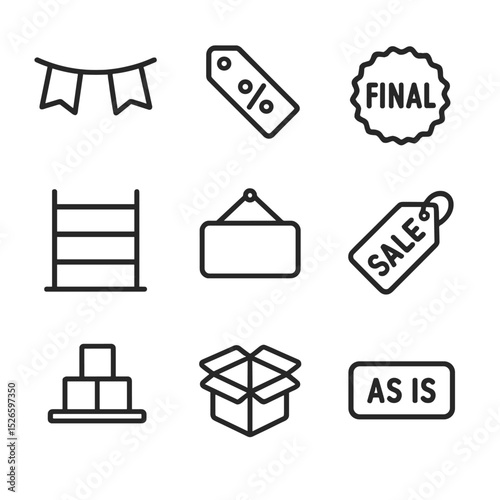 Clearance Sale Icons. Outline icon set of clearance sales: “Clearance” banner, markdown tag, final sale sticker, empty shelf, last