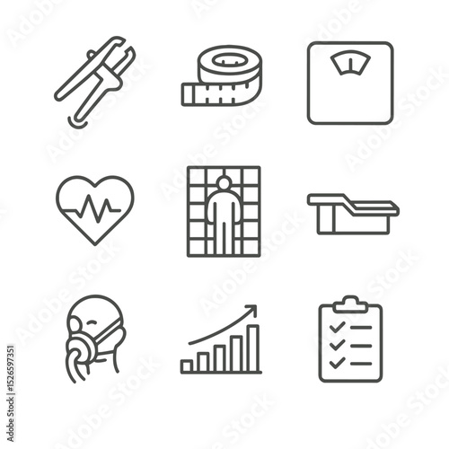 Client Assessment Icons Set. Outline icon set of client assessment tools: body fat caliper, tape measure, scale, heart rate