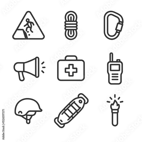 Cliff Safety Icon Set. Outline icon set of cliff safety and rescue: warning sign, safety rope, harness clip, rescue stretcher,