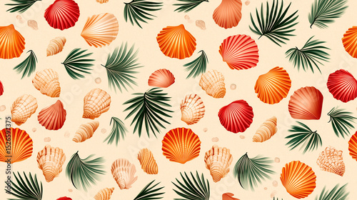 Bright tropical beach seamless pattern with seashells and palm leaves for summer prints