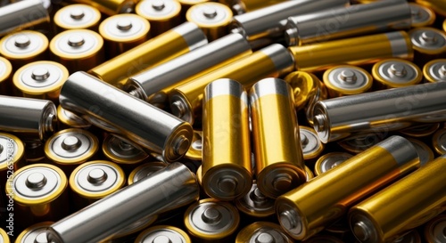 Large pile of gold and silver batteries representing power and modern technology