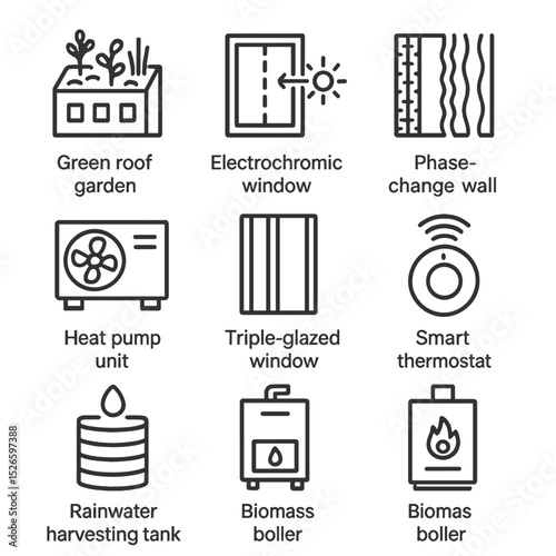 Climate-Smart Tech Icons. Outline icon set of climate-smart building technologies: green roof garden, electrochromic window,