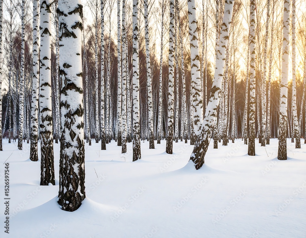 Fototapeta premium Winter birch forest bathed in golden sunlight