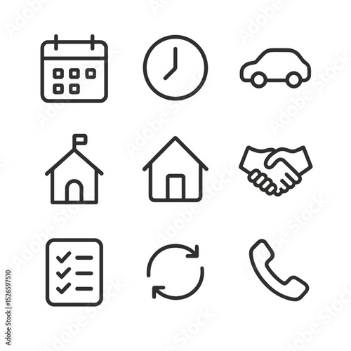 Co-Parenting Icons Grid. Outline icon set of co-parenting schedule: calendar, clock, car silhouette, school icon, home icon,