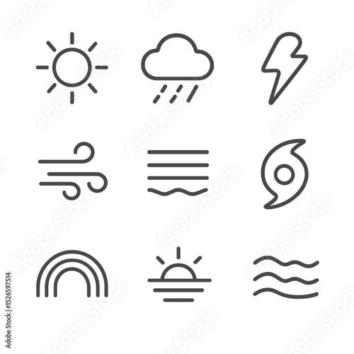 Coastal Weather Icons. Outline icon set of coastal weather: sun, rain cloud, lightning bolt, wind gust, fog bank, hurricane symbol