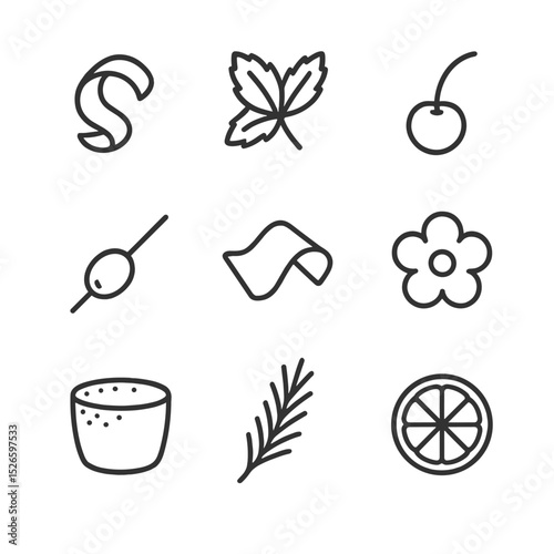 Cocktail Garnish Icons. Outline icon set of cocktail garnishes: citrus twist, mint sprig, maraschino cherry, olive on pick,