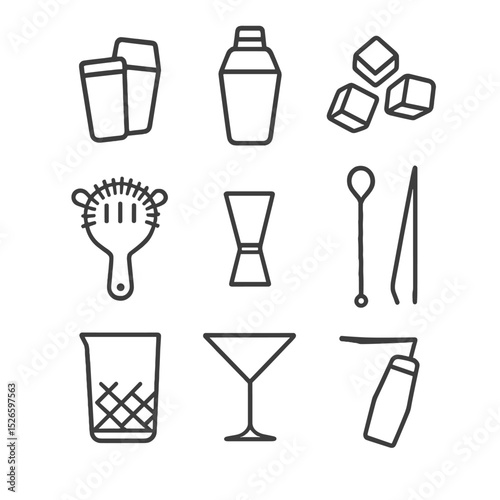 Cocktail Tool Icons. Outline icon set of cocktail shaking tools: Boston shaker, cobbler shaker, ice cubes, strainer, jigger, bar