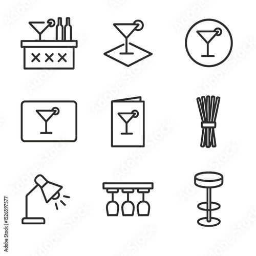 Cocktail Icon Set. Outline icon set of cocktail presentation settings: bar counter, cocktail napkin, coaster, placemat, menu card,