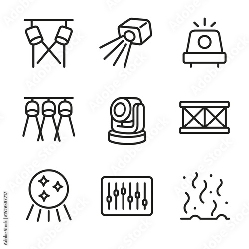 Concert Lighting Icons. Outline icon set of concert lighting effects: spotlights, laser beams, strobe light, colored wash, moving
