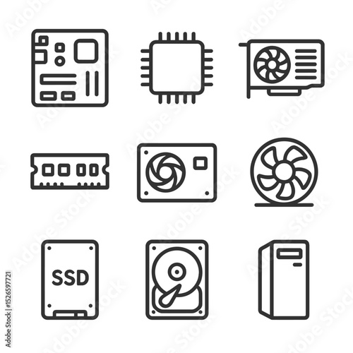 Computer Hardware Icons. Outline icon set of computer hardware components: motherboard, CPU, GPU, RAM stick, power supply, cooling