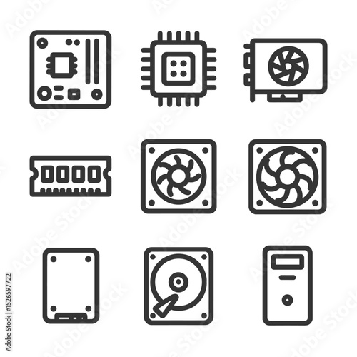 Computer Hardware Icons. Outline icon set of computer hardware components: motherboard, CPU, GPU, RAM stick, power supply, cooling