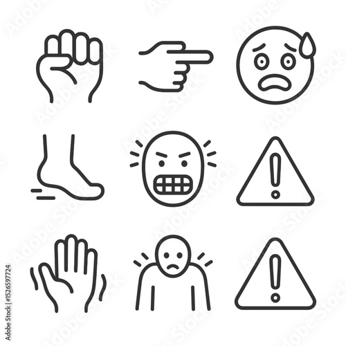 Confrontation Fear Icons. Outline icon set of confrontation fear: raised fist, pointing finger, fearful face, sweat stream,