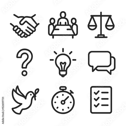 Conflict Resolution Icons. Outline icon set of conflict resolution strategies: handshake, mediation table, scale balance, question