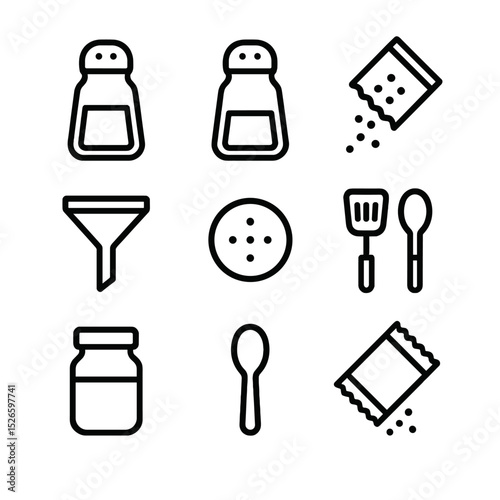 Condiment Icon Set. Outline icon set of seasoning refilling: salt, pepper shaker, spices, funnel, lid, kitchen tools, jar, spoon,