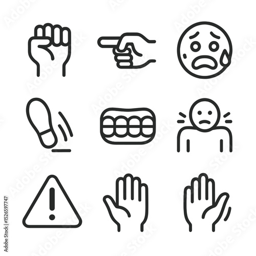Confrontation Fear Icons. Outline icon set of confrontation fear: raised fist, pointing finger, fearful face, sweat stream,