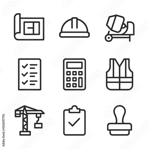 Construction Icon Set. Outline icon set of construction order log: blueprint sheet, hard hat, concrete mixer, material list, cost