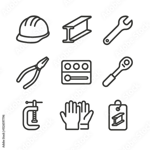 Construction Tool Icons. Outline icon set of construction helmet and beam tools: hard hat, beam, adjustable wrench, pliers, socket