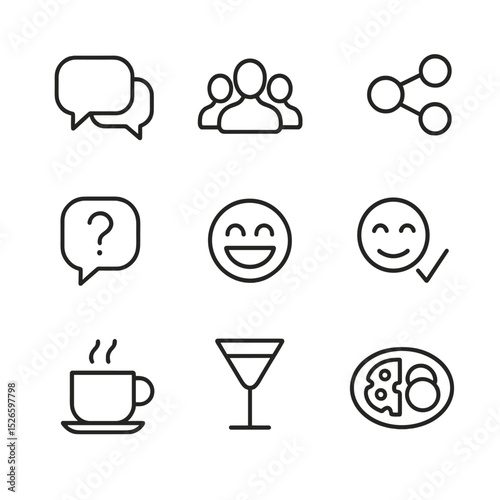Conversation Icon Set. Outline icon set of conversational clusters: speech bubble group, multiple head silhouettes, linking lines,