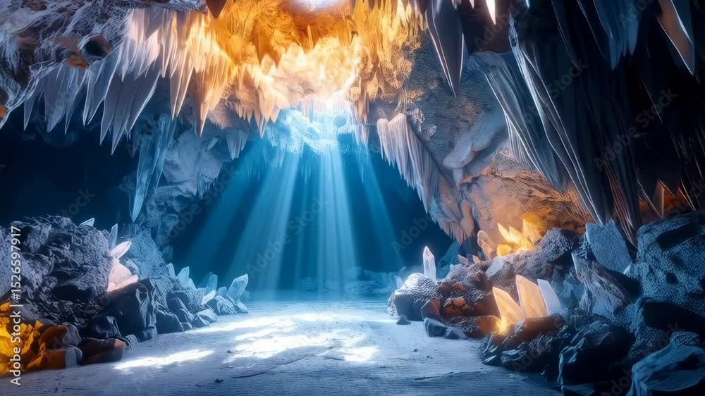 Glowing cavern interior featuring large stalactites and a burst of sunlight, showcasing a fantasy underground landscape with natural rock formations