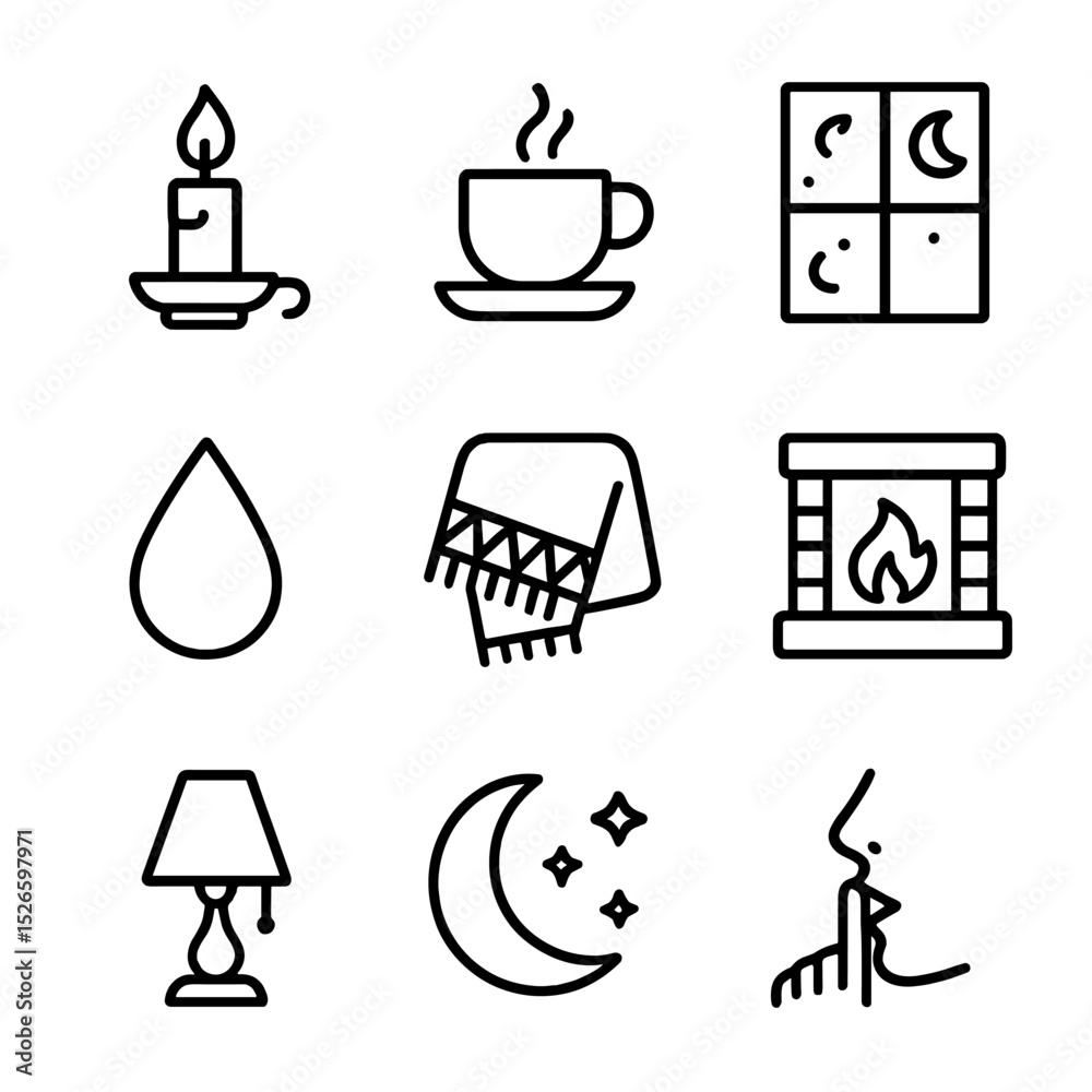 Fototapeta premium Cozy Reading Icons. Outline icon set of reading atmosphere and mood: candle flame, coffee cup, moonlit window, rain drop, cozy