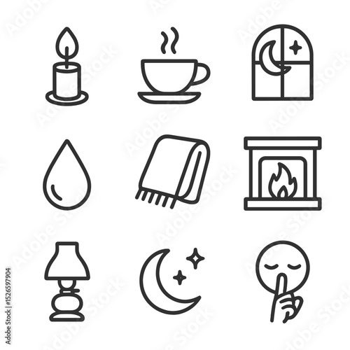 Cozy Reading Icons. Outline icon set of reading atmosphere and mood: candle flame, coffee cup, moonlit window, rain drop, cozy