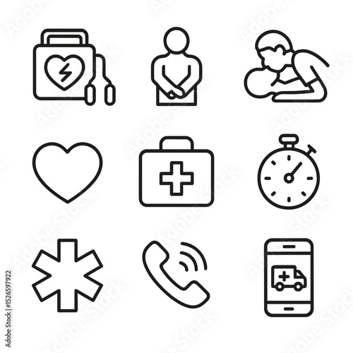 CPR Emergency Icon Set. Outline icon set of CPR emergency gasp: defibrillator, CPR torso, rescue breaths, CPR mask, first aid kit,