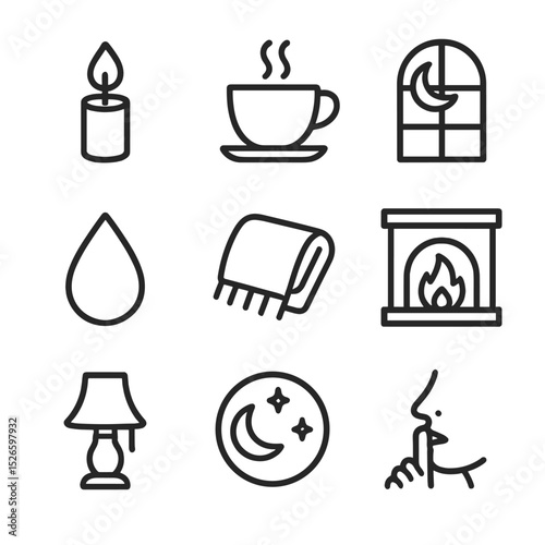 Cozy Reading Icons. Outline icon set of reading atmosphere and mood: candle flame, coffee cup, moonlit window, rain drop, cozy