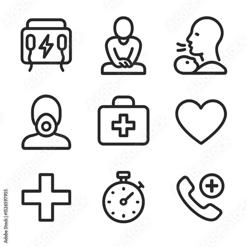 CPR Emergency Icon Set. Outline icon set of CPR emergency gasp: defibrillator, CPR torso, rescue breaths, CPR mask, first aid kit,