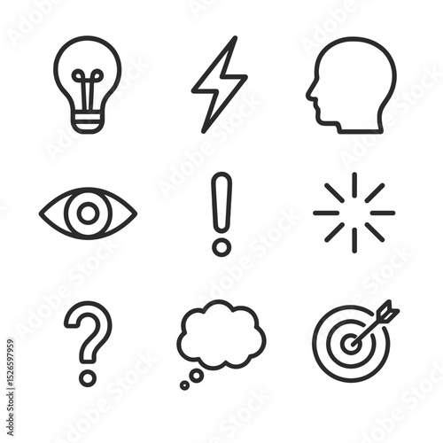 Creative Insight Icons. Outline icon set of moment of insight: lightbulb filament, lightning bolt, brain silhouette, eye opening,