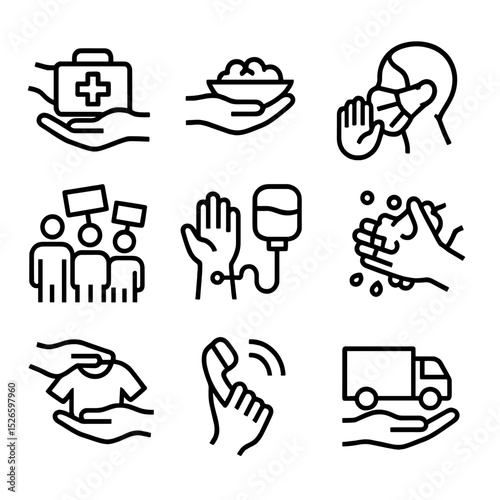 Crisis Aid Icons. Outline icon set of helping hands in crisis: medical supplies, food distribution, relief truck, mask mandate,