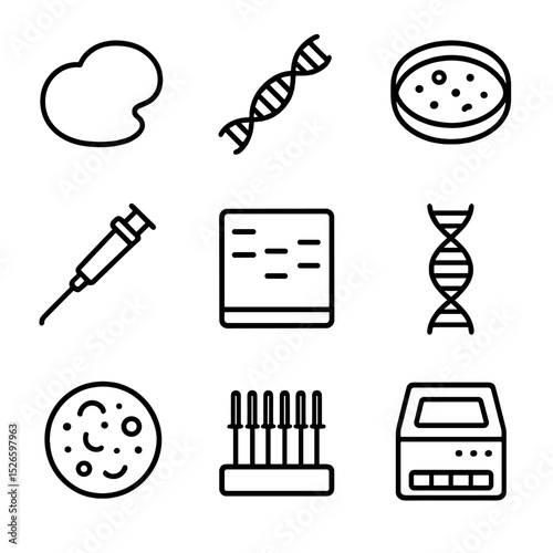 CRISPR Workflow Icons. Outline icon set of CRISPR gene editing workflows: Cas9 protein, guide RNA strand, Petri dish, micropipette