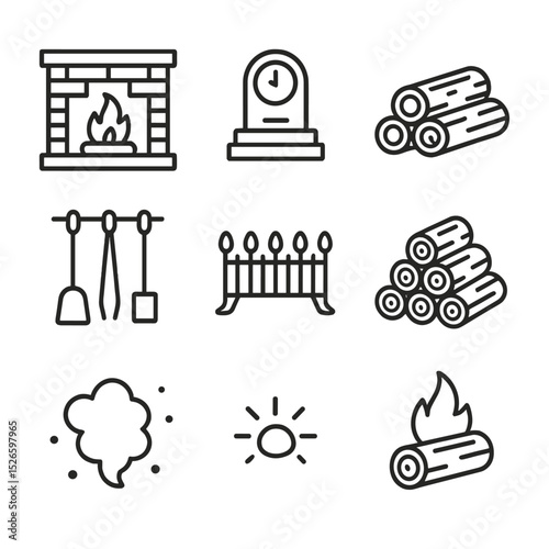 Cozy Fireplace Icons. Outline icon set of cozy fireplace scenes: brick hearth, flickering flame, mantel clock, log pile, fireplace