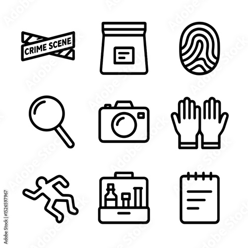 Crime Scene Icon Set. Outline icon set of crime scene investigation: crime tape, evidence bag, fingerprint, magnifying glass,