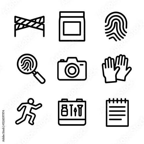 Crime Scene Icon Set. Outline icon set of crime scene investigation: crime tape, evidence bag, fingerprint, magnifying glass,