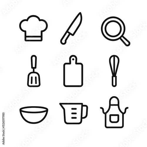 Culinary Icon Set. Outline icon set of culinary cooking class: chef hat, knife, frying pan, spatula, cutting board, whisk, mixing