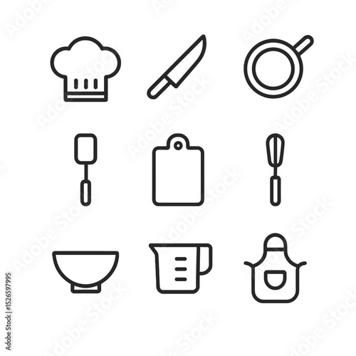 Culinary Icon Set. Outline icon set of culinary cooking class: chef hat, knife, frying pan, spatula, cutting board, whisk, mixing