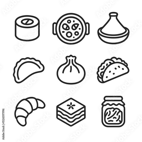 Culinary Heritage Icons. Outline icon set of culinary heritage dishes: sushi roll, paella pan, tagine pot, pierogi, dumpling, taco