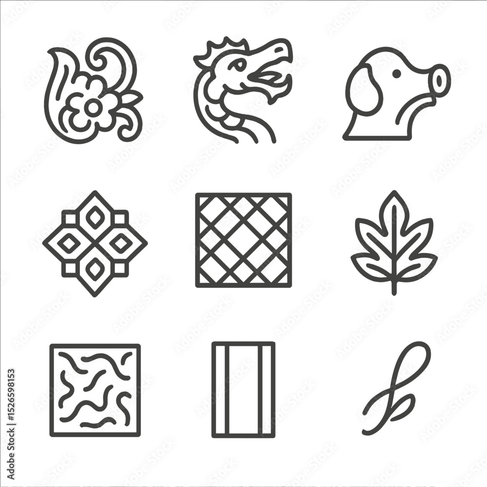 Fototapeta premium Decorative Motif Icons. Outline icon set of decorative motifs: floral engraving, dragon head spout, animal nose spout, geometric