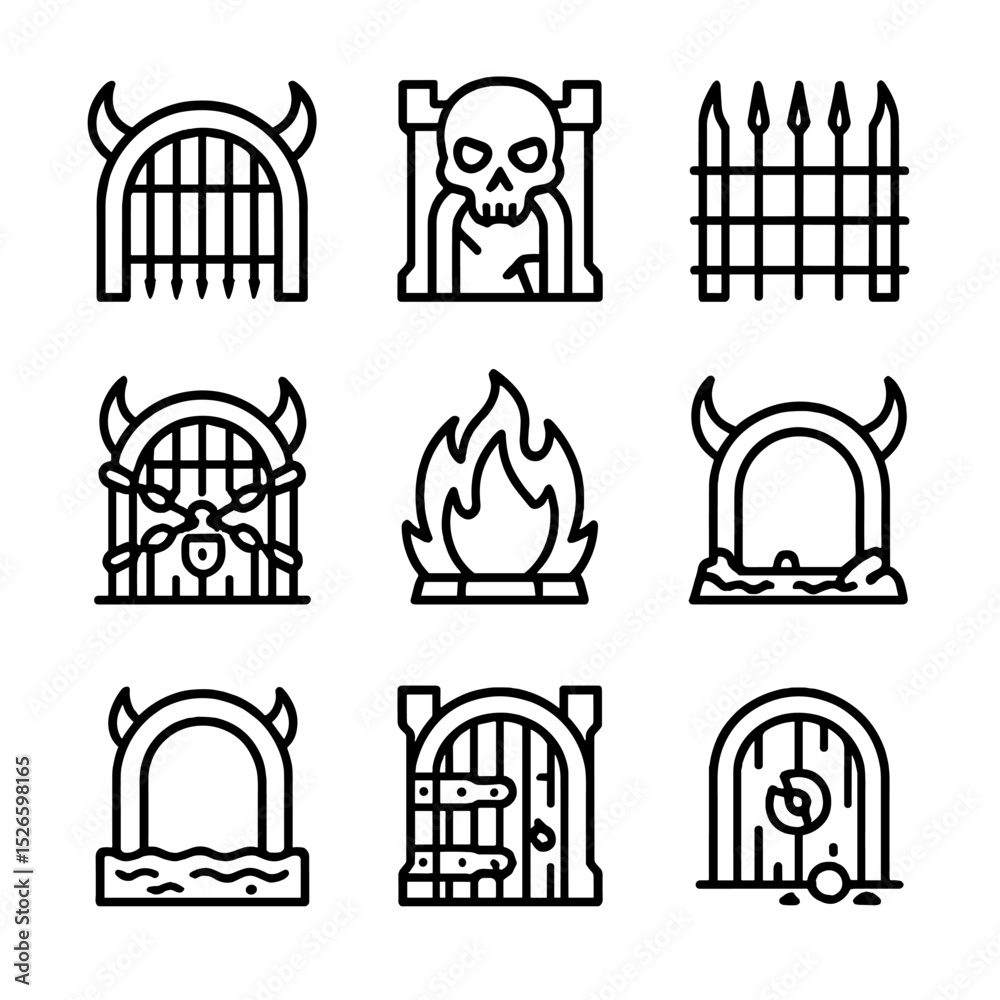 Obraz premium Demonic Fortress Gate Icons. Outline icon set of demonic fortress gates: portcullis, skull gate, spiked bars, chained door, flame