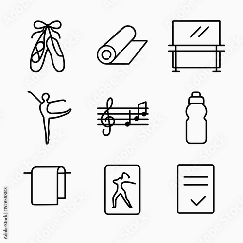 Dance Class Icons. Outline icon set of dance and movement classes: ballet shoes, yoga mat, dance studio mirror, barre, dancer